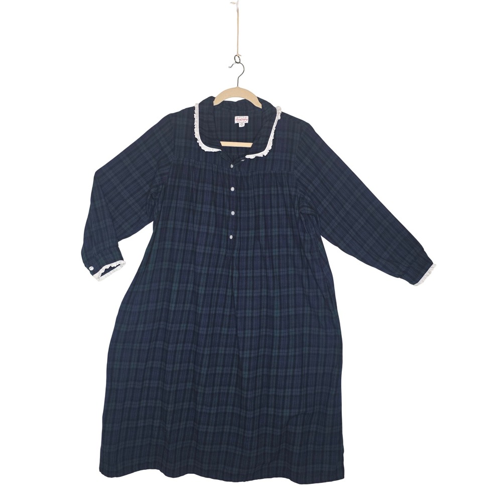 Lanz of Salzburg Flannel Nightgown XL BlueGreen Plaid LaceTrim Cotton Soft
Lux